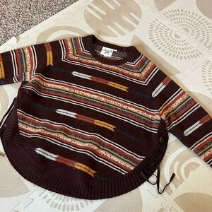 Native design Brown Striped Sweater with Multicolor Accents